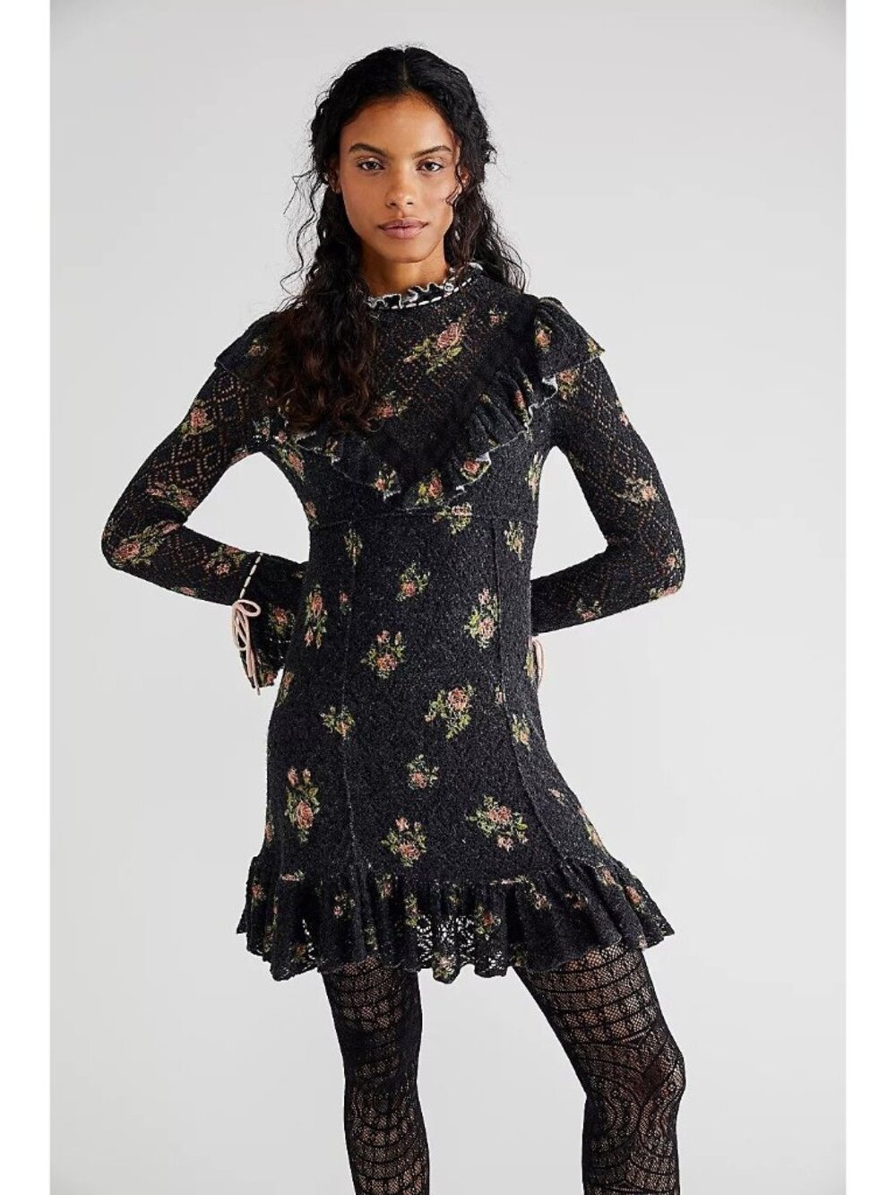 Free People Rose Petal Black Floral Knit Long Sleeve Dress Women's Size Small - Picture 2 of 11